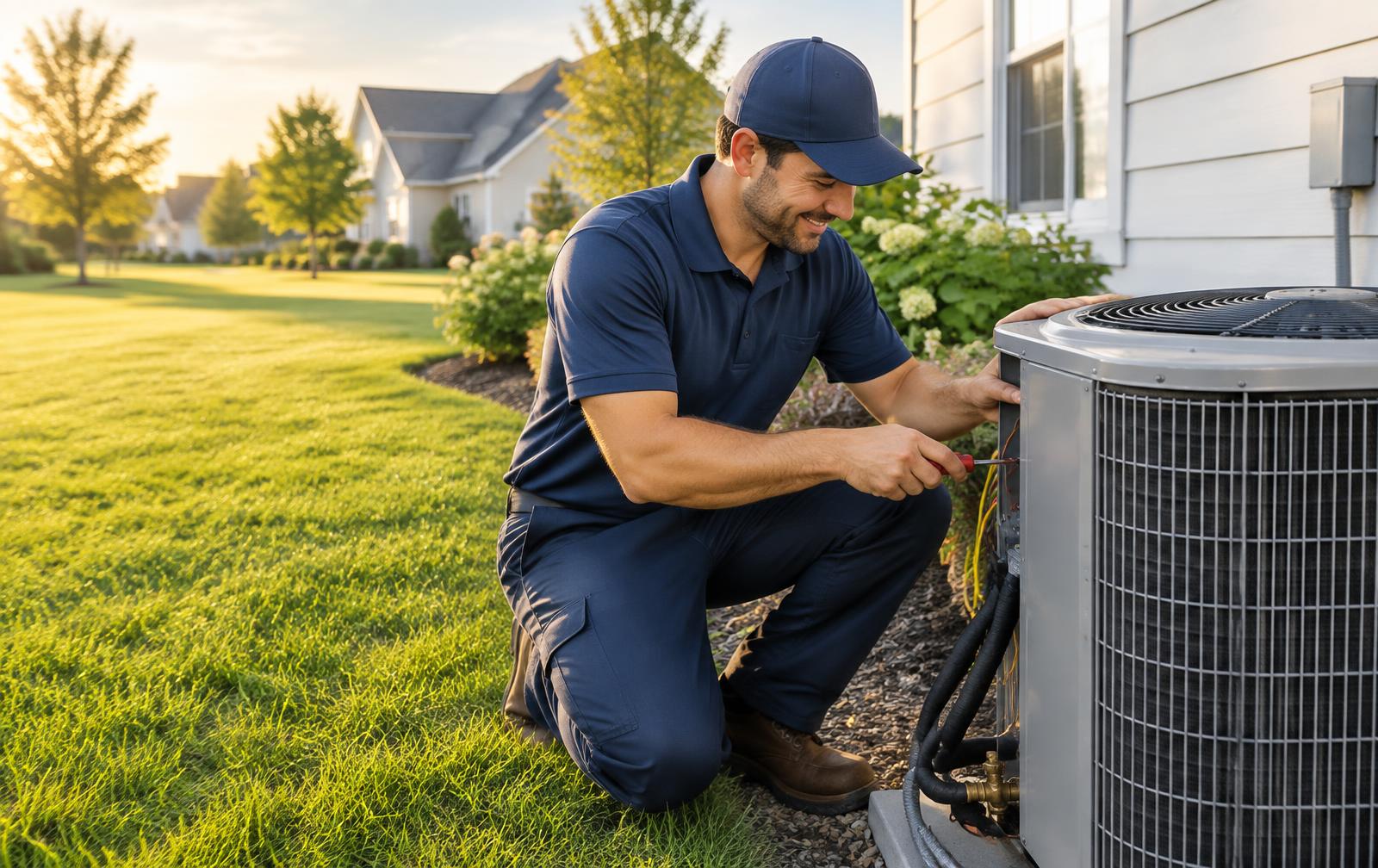 Arrows technician servicing an outdoor air conditioner at a local home